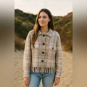 Plaid Fringe Button Down Women's Jacket